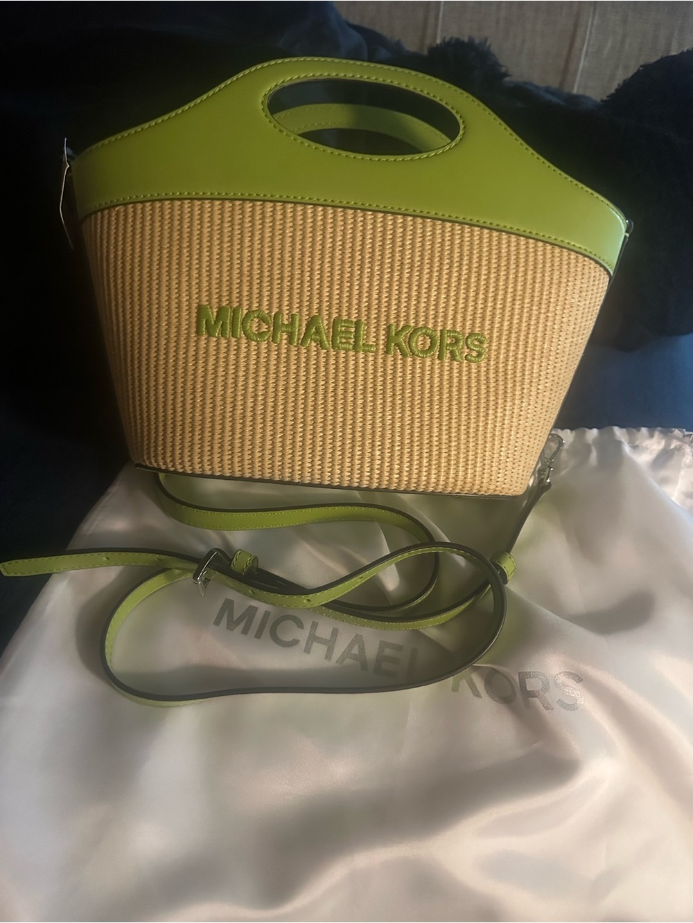 Michael Kors Natural Straw Tote with Lime Green Trim - Picture 5 of 6